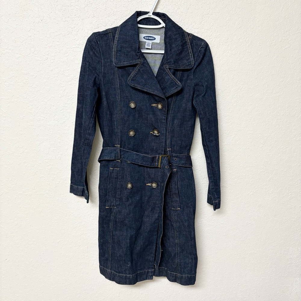 Vtg Old Navy Women Blue Denim Trench Coat Dress Belted Double Breasted Y2K Sz S
